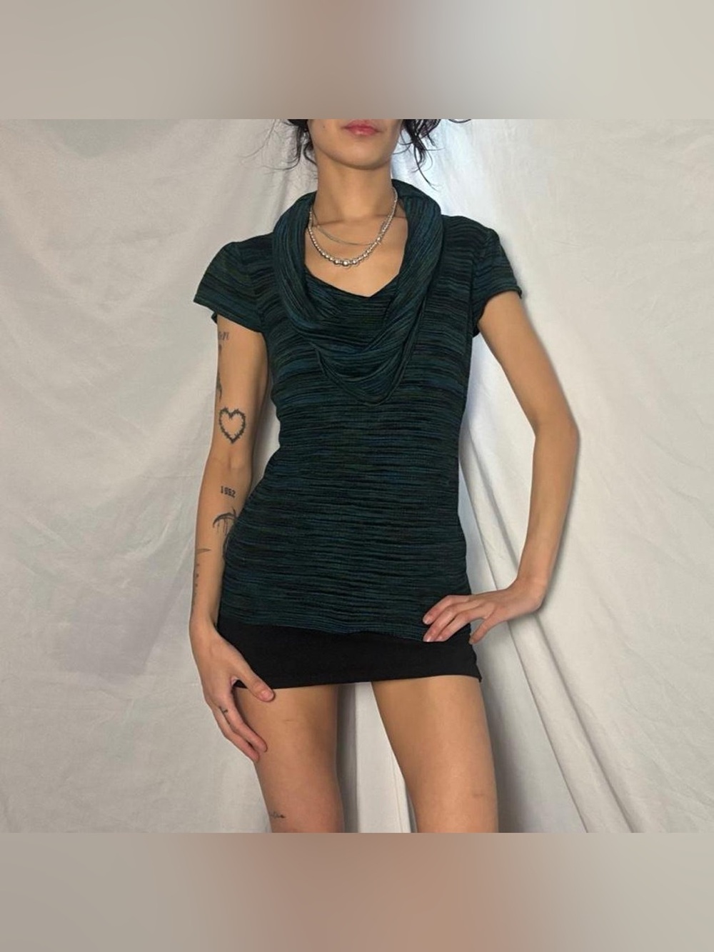 Y2K Kenzie Blue & Green Marled Knit Cowl Neck Short Sleeve Top Size Large